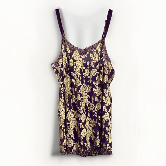 Cacique Chemise Nighty Size 26/28 Purple Gold Floral Lace Semi-Sheer Negligee - Picture 1 of 10